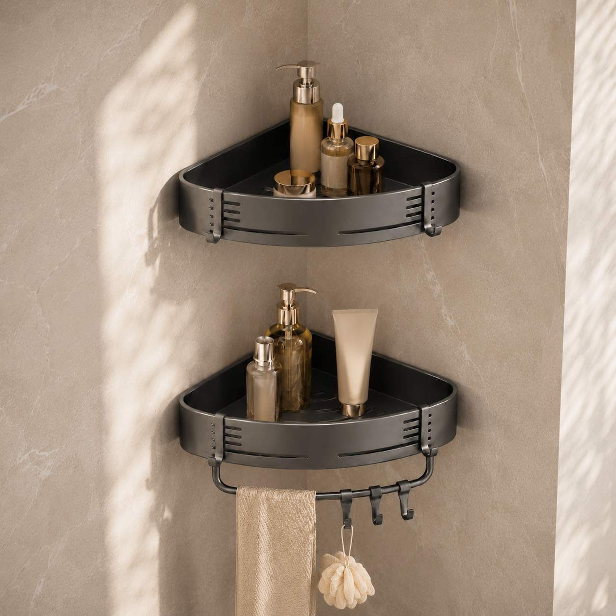 Double-tier corner shower organizer installed in a shower
