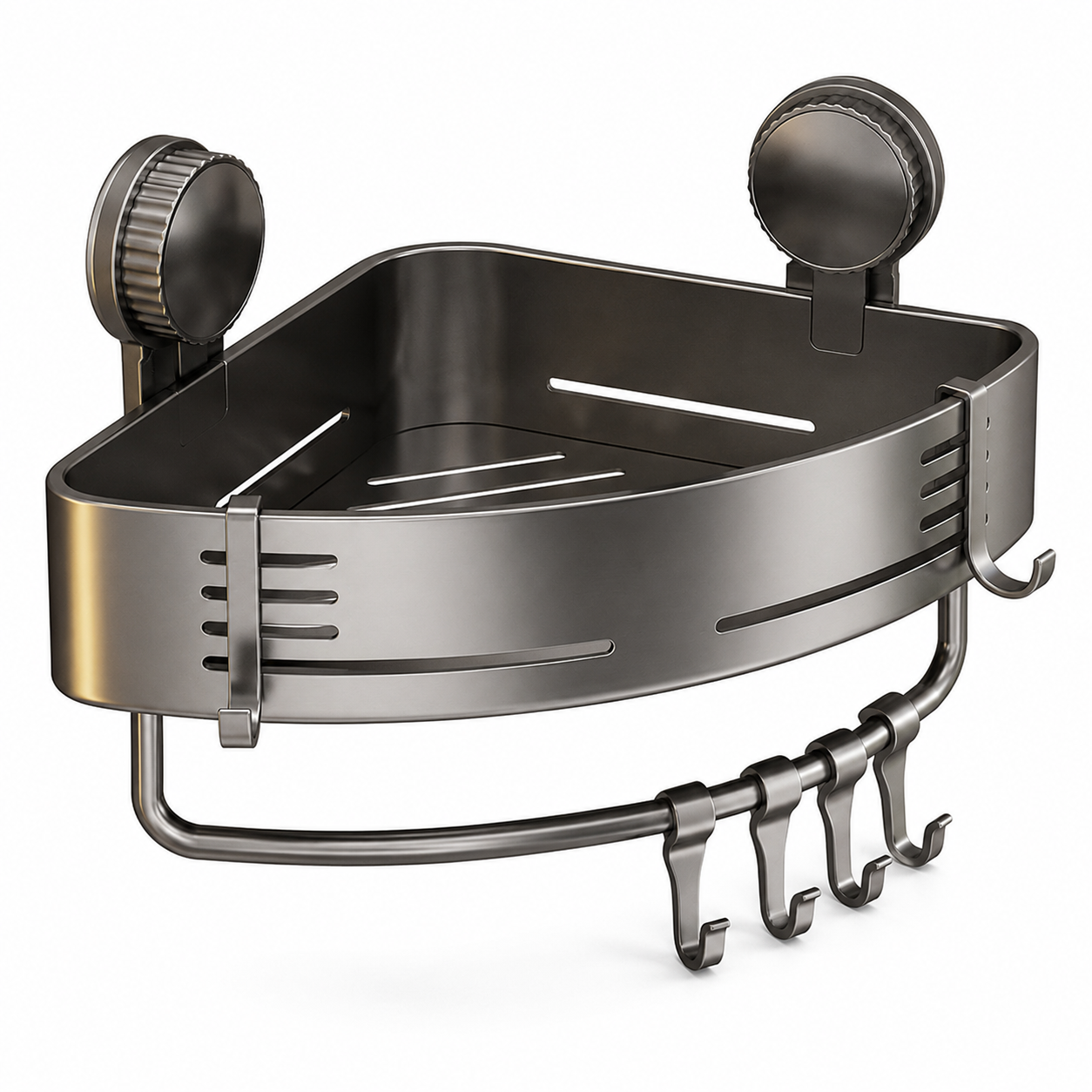 Single-tier gun gray corner shower organizer with suction mounting