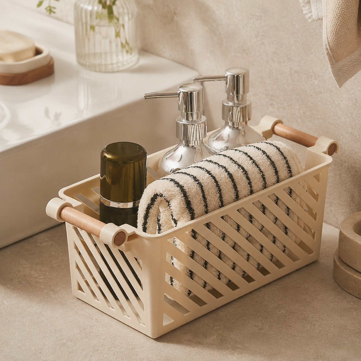Bathroom storage basket styled on an open shelf