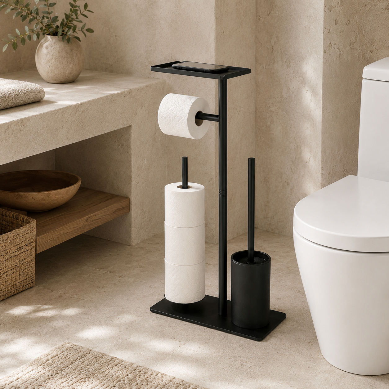 Matte black freestanding toilet paper holder and brush beside a toilet