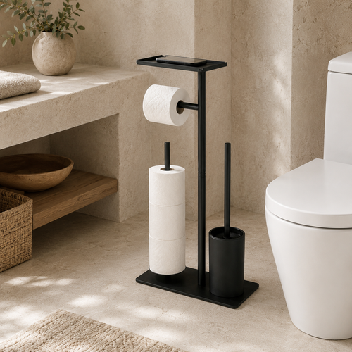 Matte black freestanding toilet paper holder and brush beside a toilet