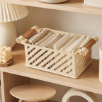 Stackable storage baskets organizing bathroom essentials