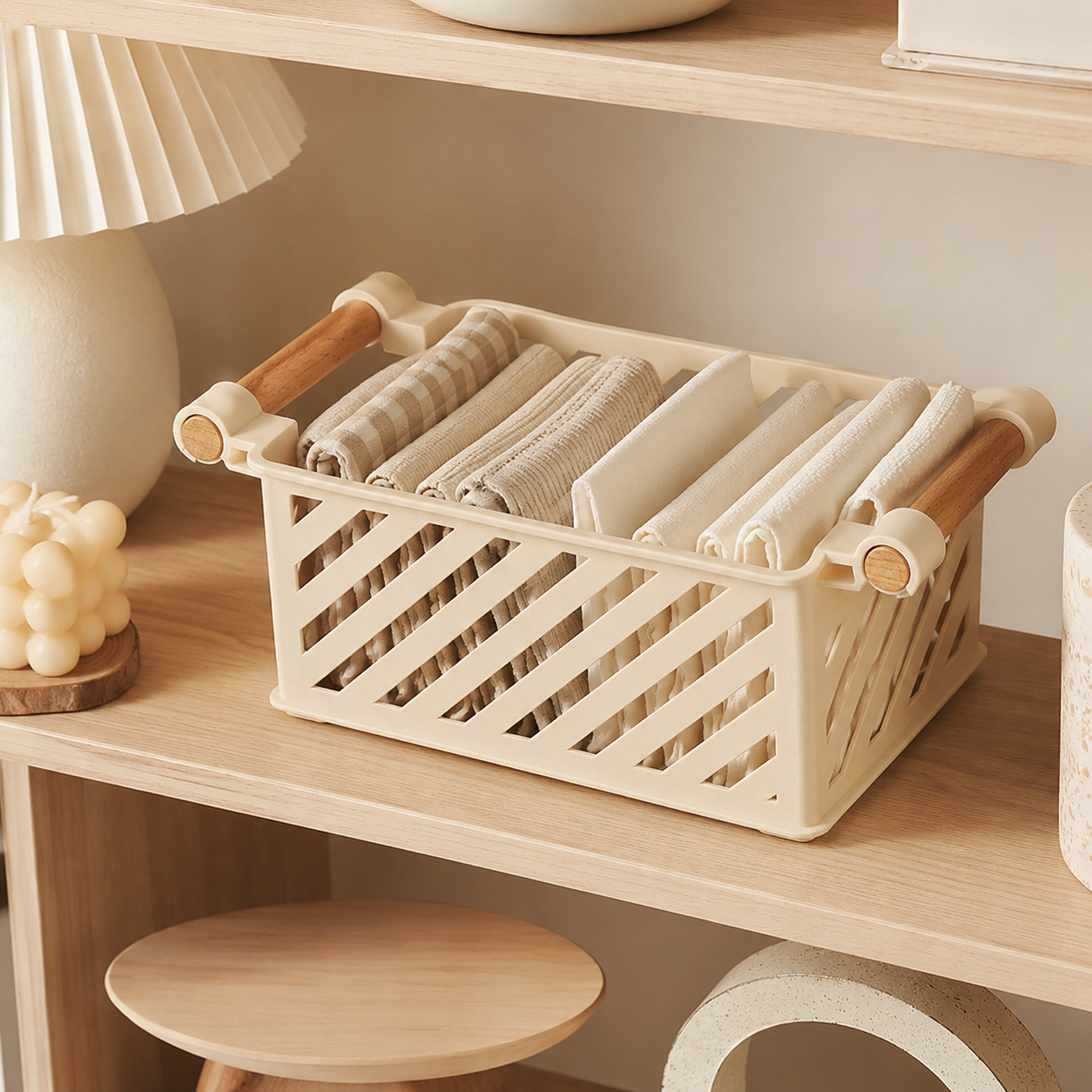 Stackable storage baskets organizing bathroom essentials