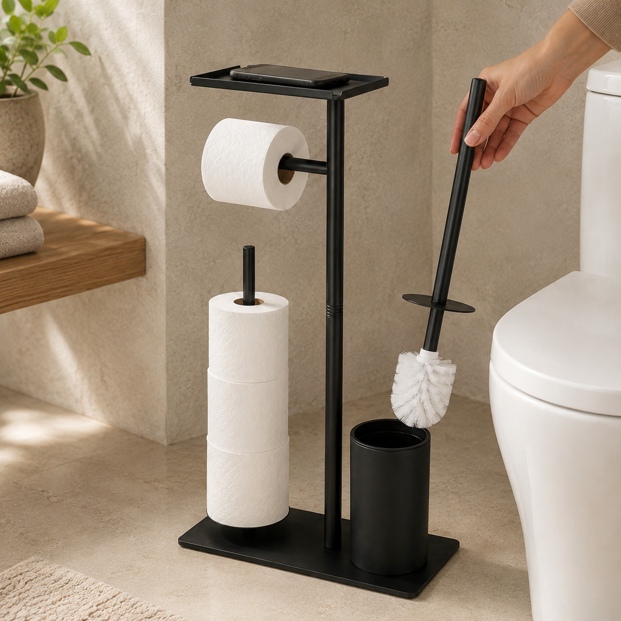 Freestanding toilet paper holder with reserve-roll storage and top tray