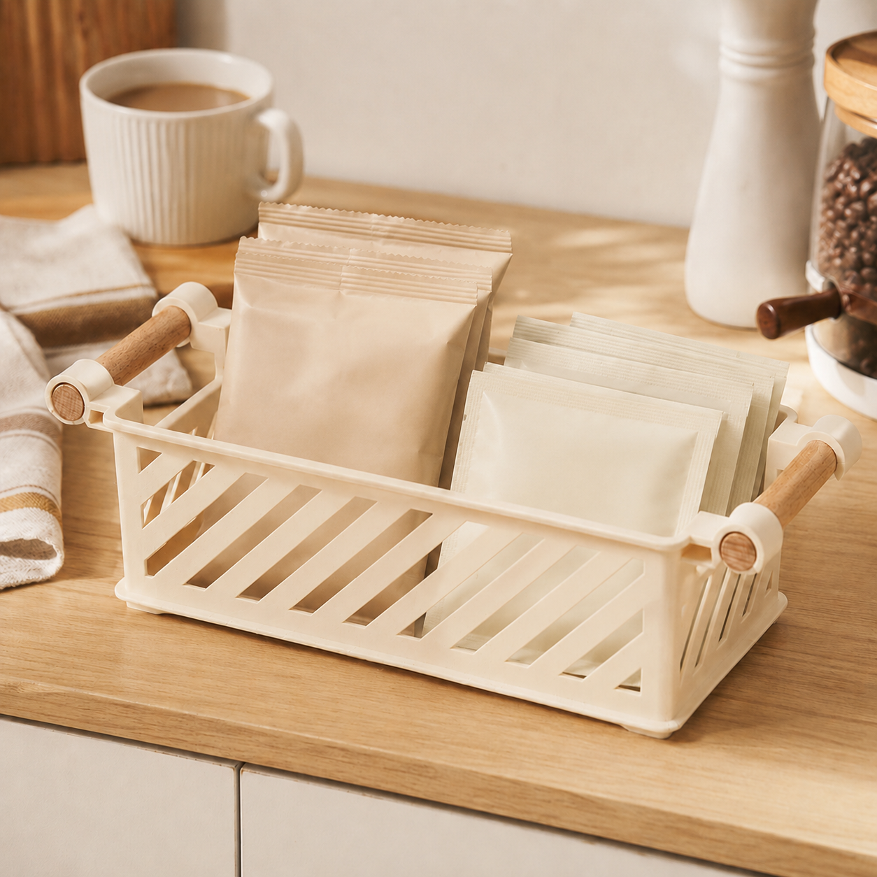 Bathroom storage basket with beech-wood carry handle in a neutral space