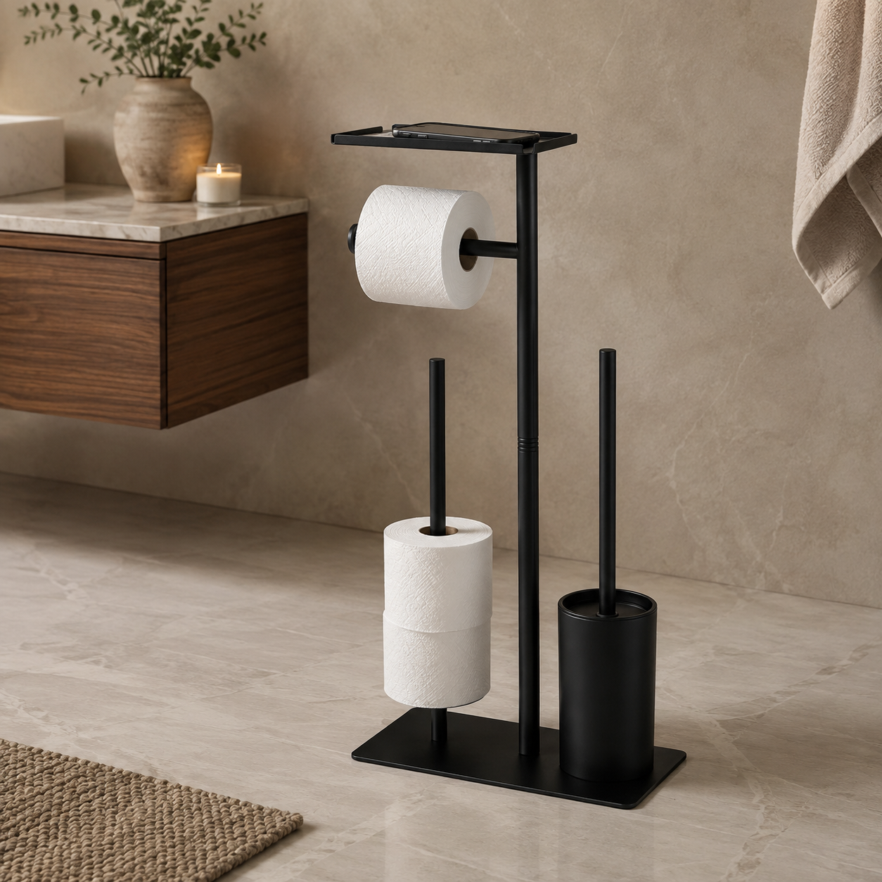 Slim toilet paper holder and brush styled in a modern bathroom