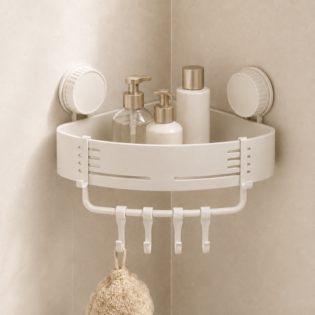 Milk white corner shower organizer styled with bathroom essentials