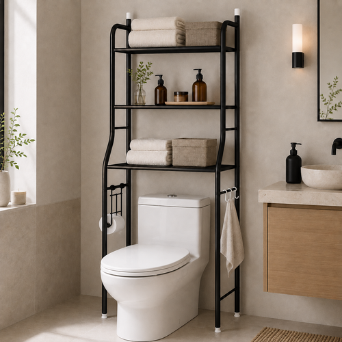 Black three-tier metal over-the-toilet storage rack in a modern bathroom