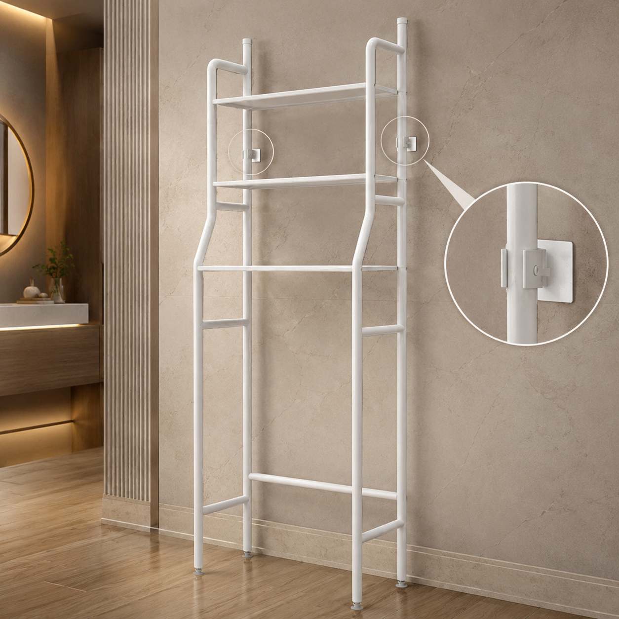 Wall stabilizer detail for the metal over-the-toilet storage rack
