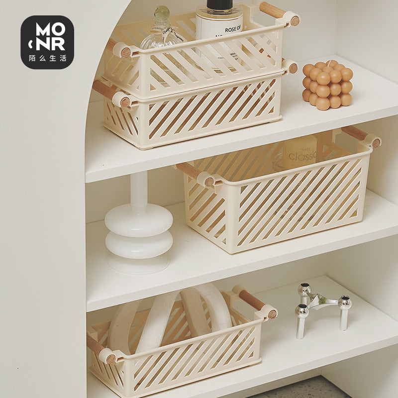 HavenRack Stackable Bathroom Storage Basket with Beech-Wood Handle