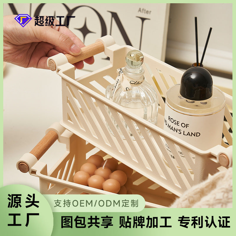 HavenRack Stackable Bathroom Storage Basket with Beech-Wood Handle