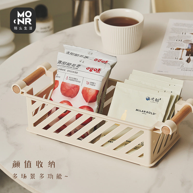 HavenRack Stackable Bathroom Storage Basket with Beech-Wood Handle