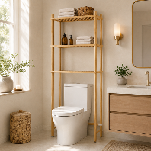 Bamboo over-the-toilet storage rack styled in a warm neutral bathroom