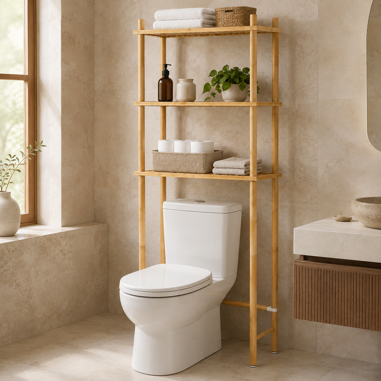 Natural bamboo three-tier over-the-toilet storage rack