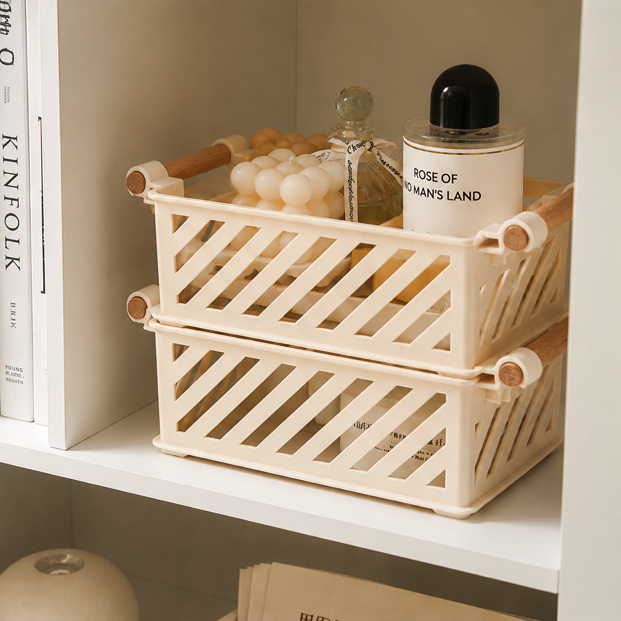 Stackable frost-white bathroom storage baskets with beech-wood handles