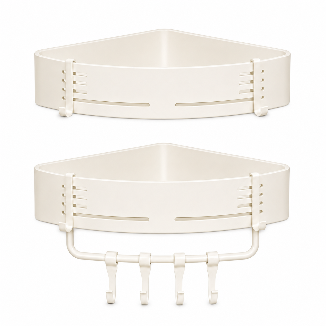 Double-tier milk white corner shower organizer with towel bar