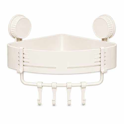 Single-tier milk white corner shower organizer with suction mounting