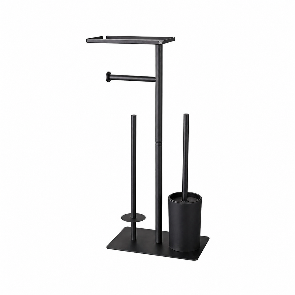 Black freestanding toilet paper holder with toilet brush, reserve roll storage, and top tray