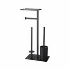 Black freestanding toilet paper holder with toilet brush, reserve roll storage, and top tray