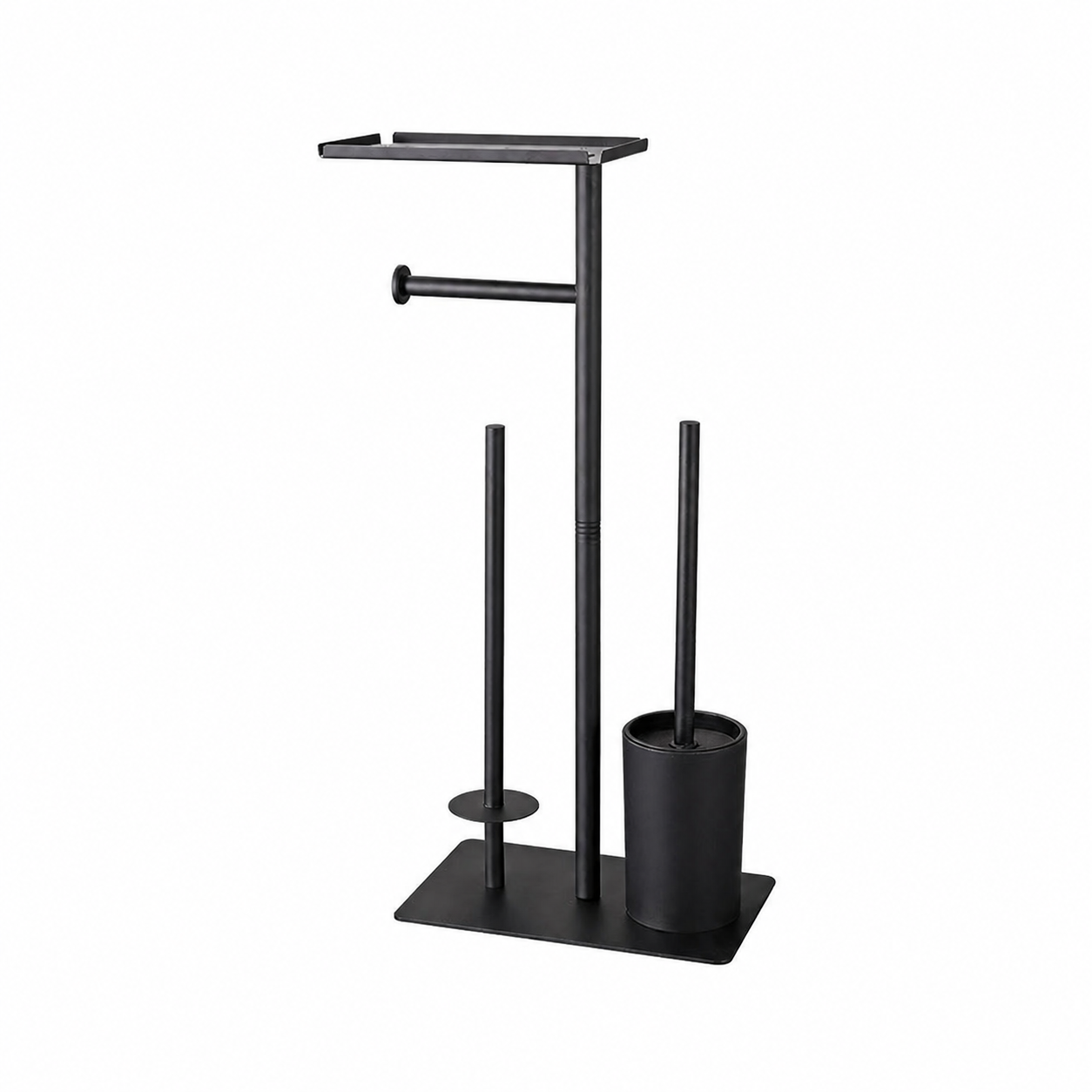 Black freestanding toilet paper holder with toilet brush, reserve roll storage, and top tray