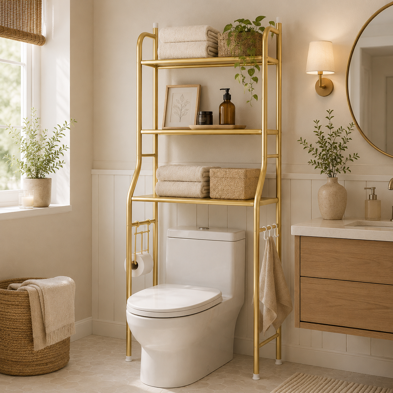 Gold metal over-the-toilet storage rack styled in a bathroom