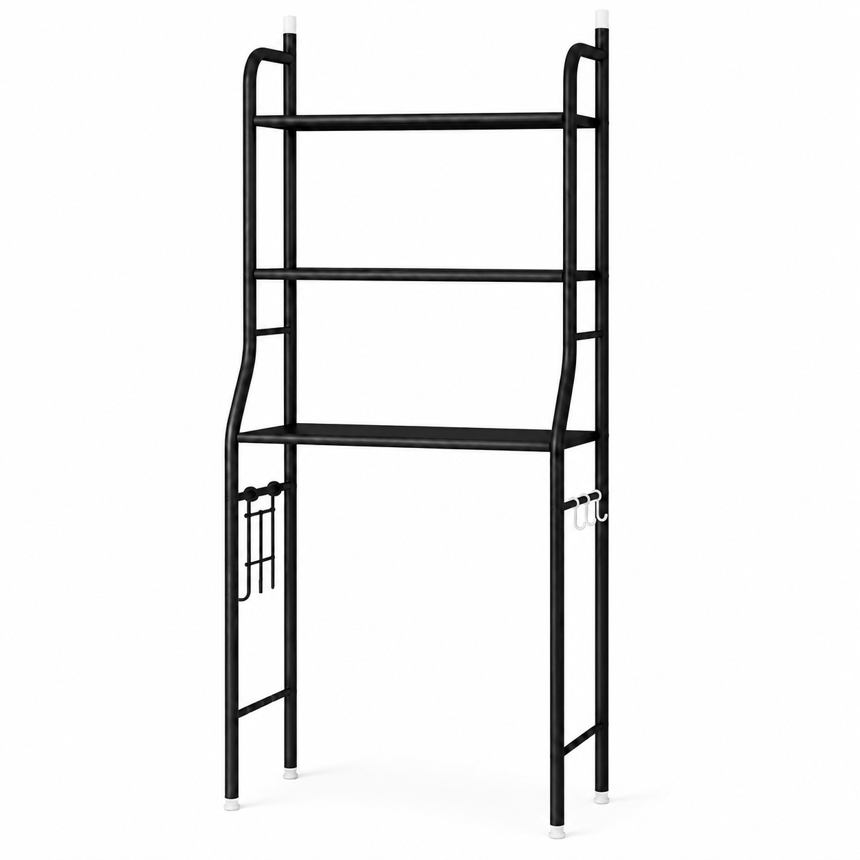 Black metal over-the-toilet storage rack on a white background