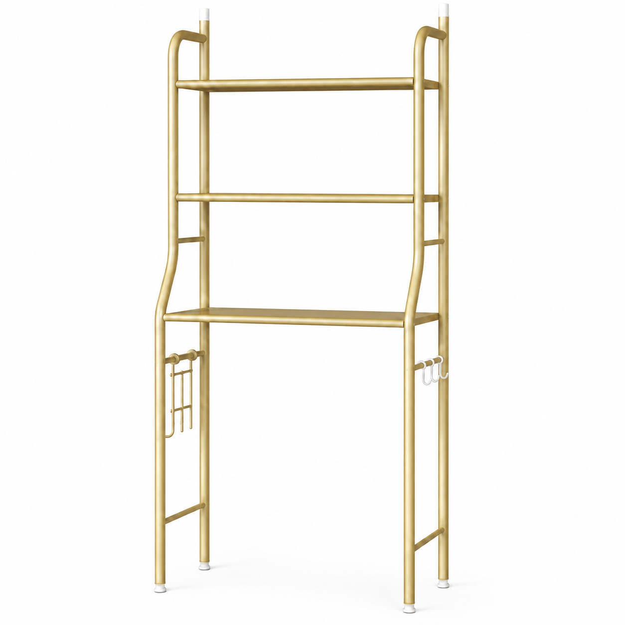 Gold metal over-the-toilet storage rack on a white background