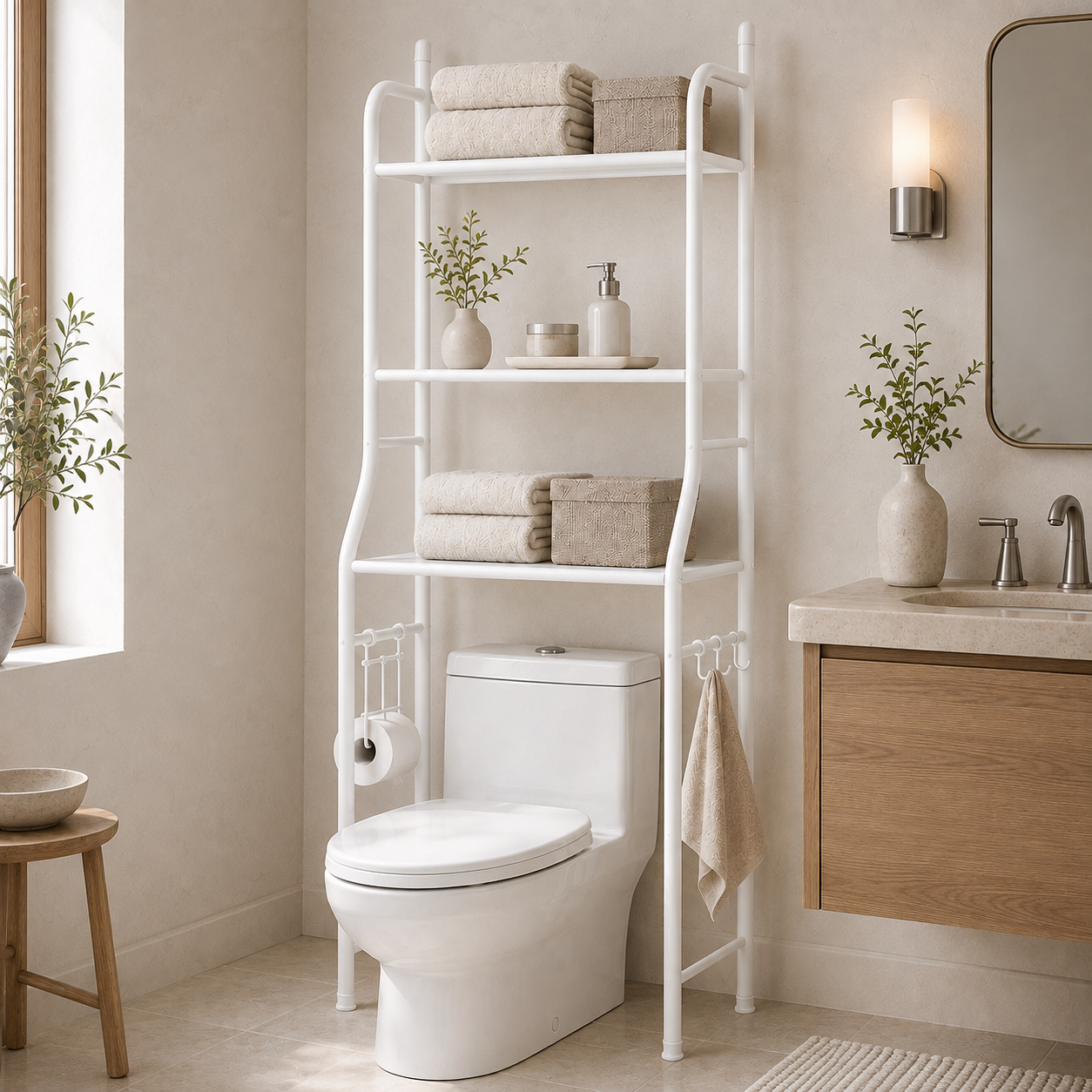White metal over-the-toilet storage rack styled in a bathroom