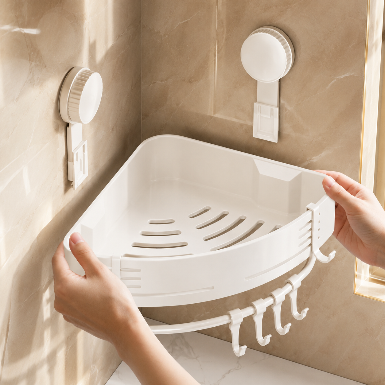 Suction mounting detail for the single-tier shower organizer